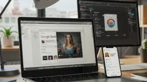 Uma ilustração digital ultra-realista de um espaço de trabalho de pequena empresa moderno e iluminado, com foco em tecnologia. Um laptop exibe a interface clara do Google Bard, e um smartphone mostra a interface clara do ChatGPT. Elementos visuais ao fundo sugerem as interfaces do Canva e Zapier, com iluminação natural e mobiliário contemporâneo, representando produtividade digital e inovação.