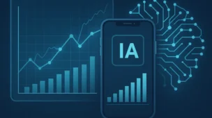 Gráfico digital e smartphone com IA representando o uso da inteligência artificial nas finanças pessoais